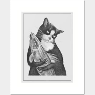 Playful Black and White Cat with Big Fish - Pencil Drawing Posters and Art